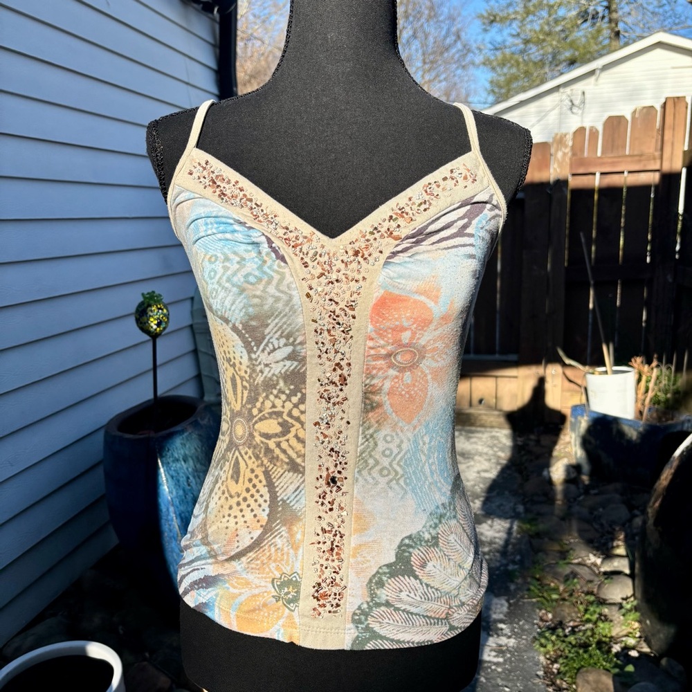 XOXO Vintage Nude Beaded Tank Top Floral Print Y2K Size Medium - Picture 1 of 16